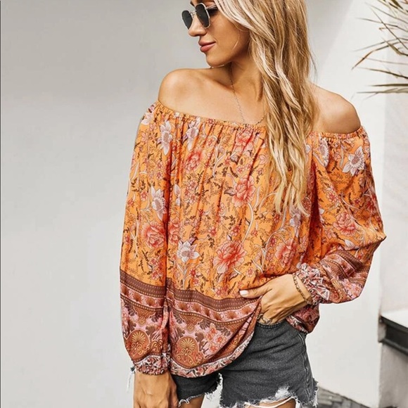 Boho floral print off shoulder blouse- Yellow - Picture 5 of 12
